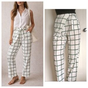 White Grid Wrap Pants M Coastal Grandma Minimalist Preppy Tie Waist